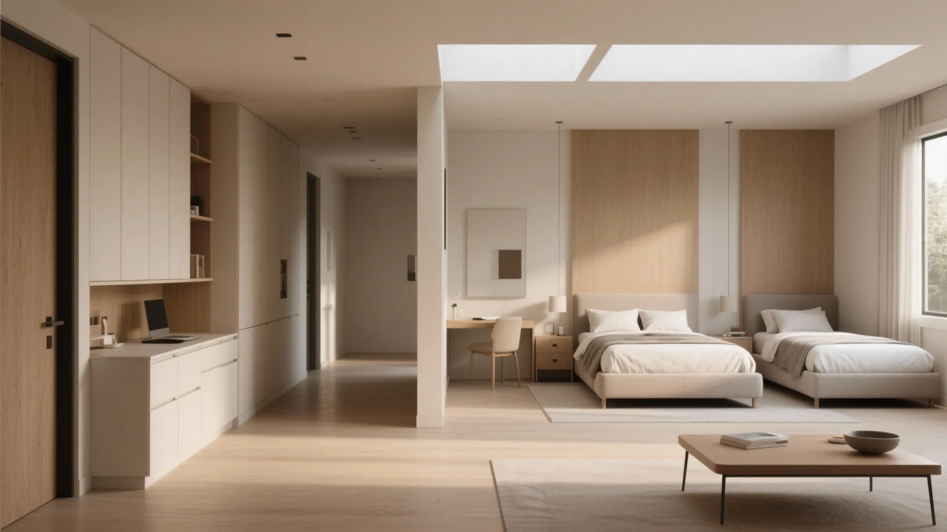 Split-bedroom bungalow plan showing primary suite and guest bedrooms separated by a corridor with built-in storage.