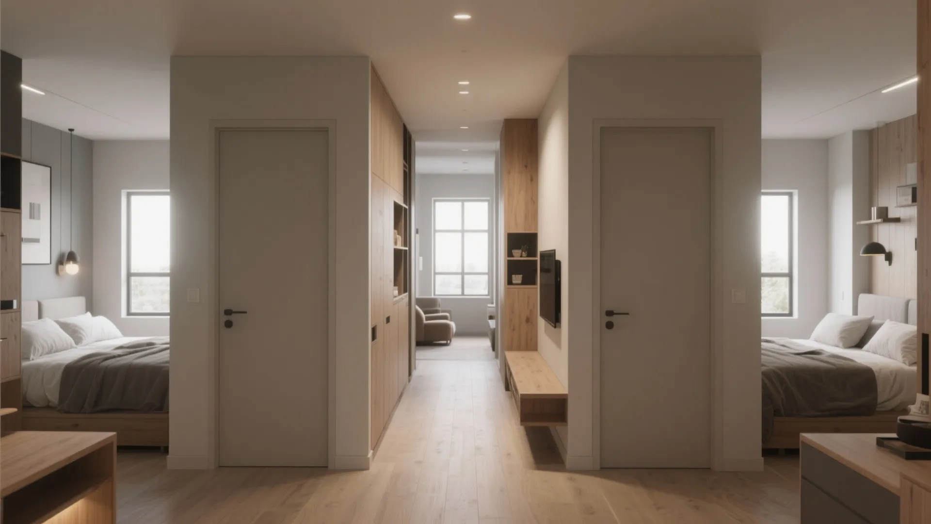 Split-bedroom small home plan with bedrooms at opposite ends and built-in hallway storage