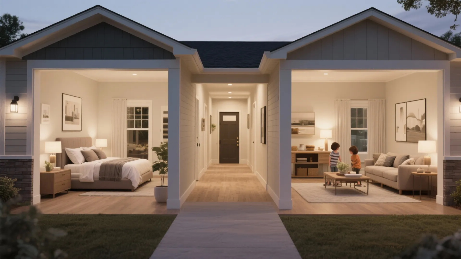 Interior design drawing of home showing bedroom and living room separated by a central hallway