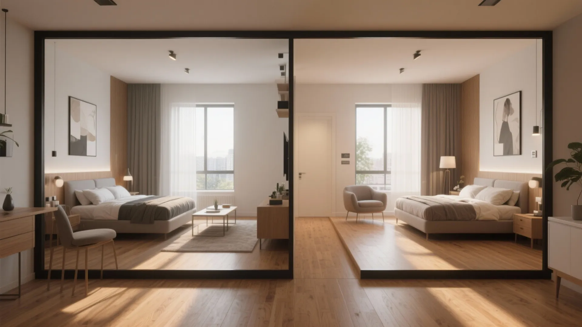 Two identical modern bedrooms with wooden floors grey beds and large windows separated by wall
