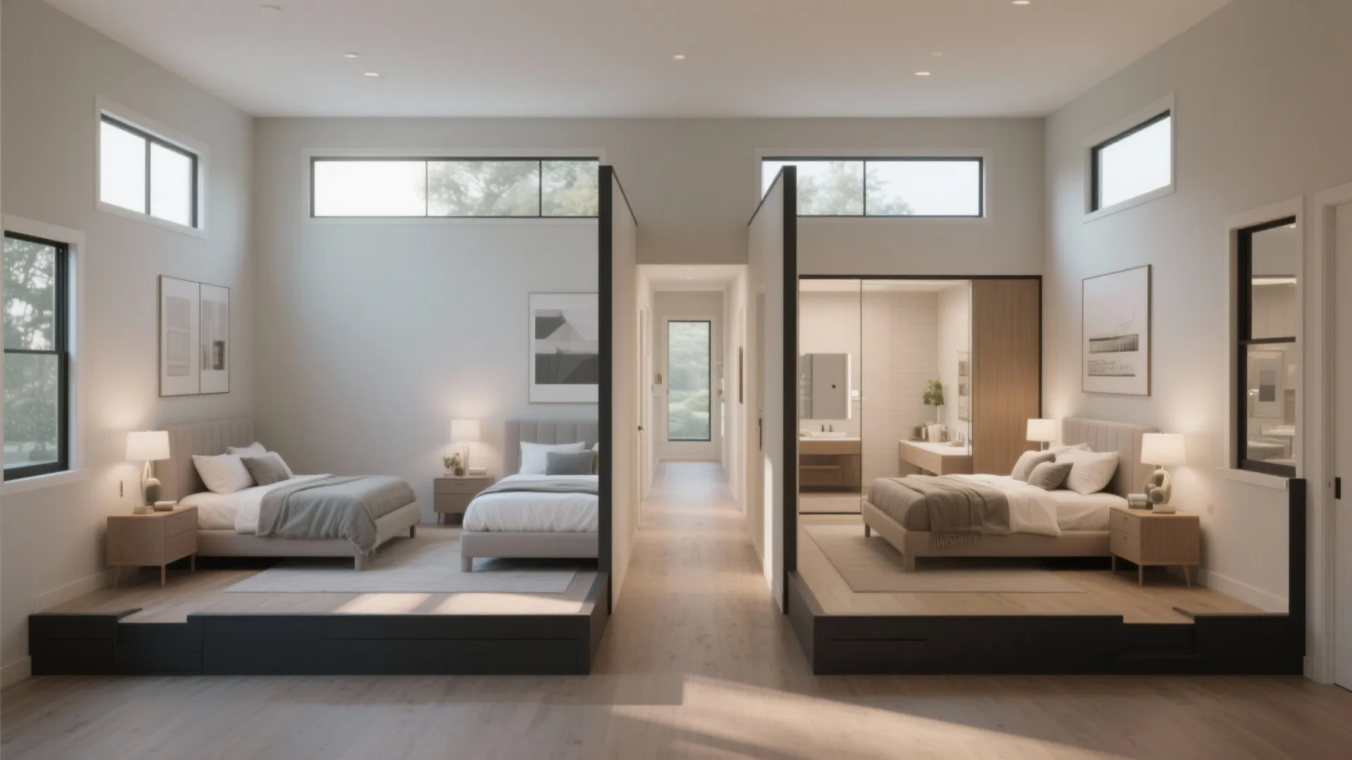 Split-bedroom layout showing master suite separated from other bedrooms for privacy.