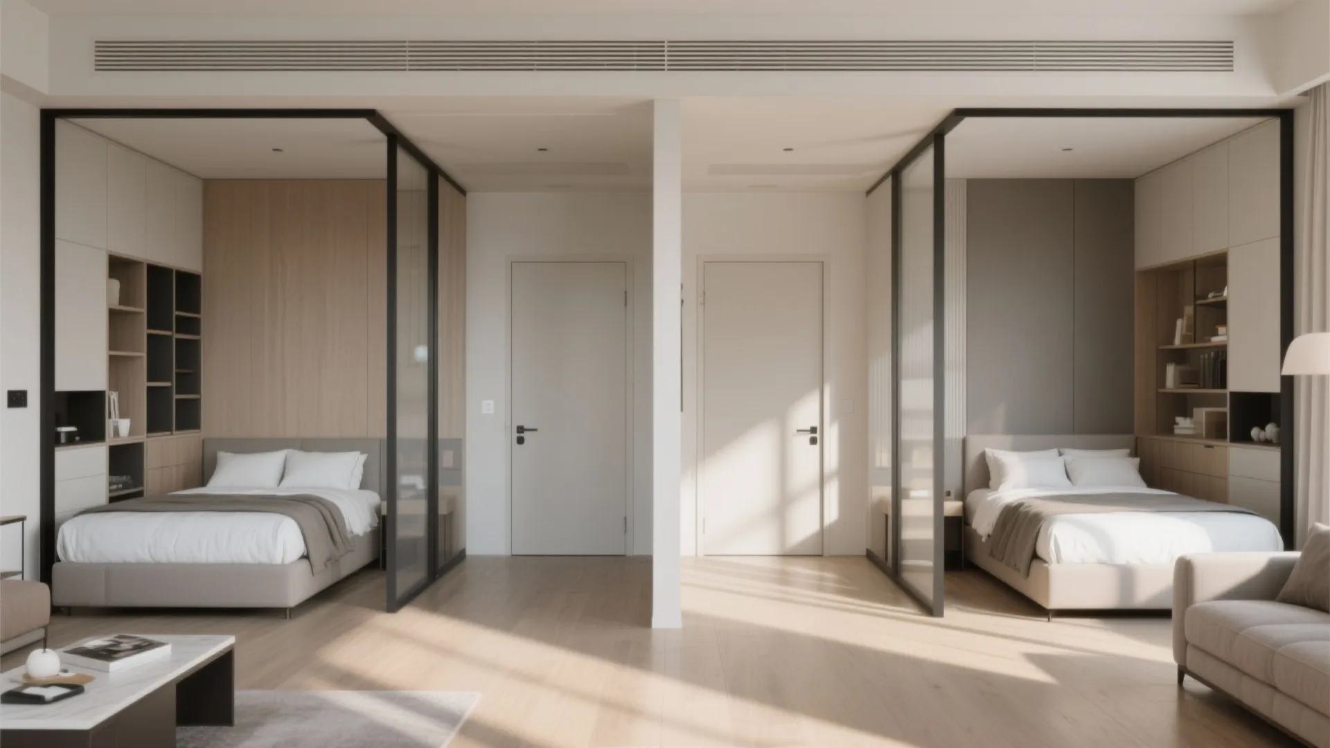 Modern shared bedroom featuring two separate beds with glass partitions and white doors on light floor