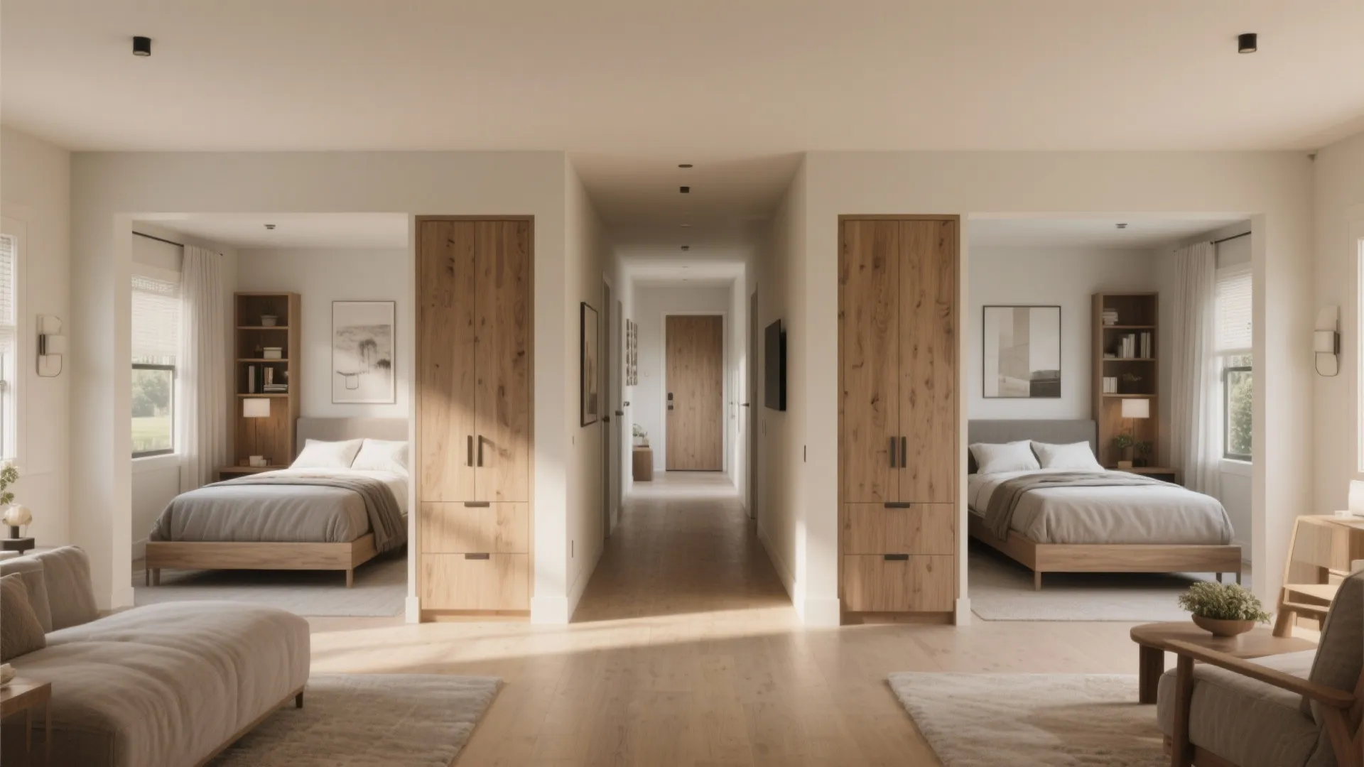Symmetrical bedroom layout with two beds separated by a hallway featuring wooden cabinets and flooring