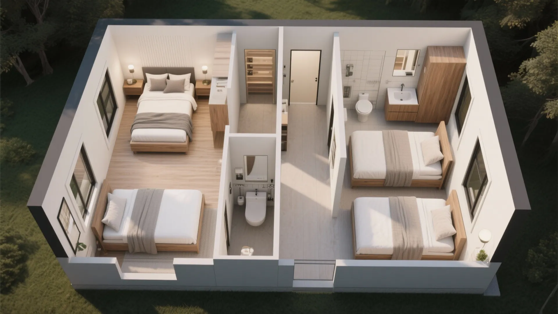 Interior design drawing of house layout with four beds two bathrooms and light wood flooring