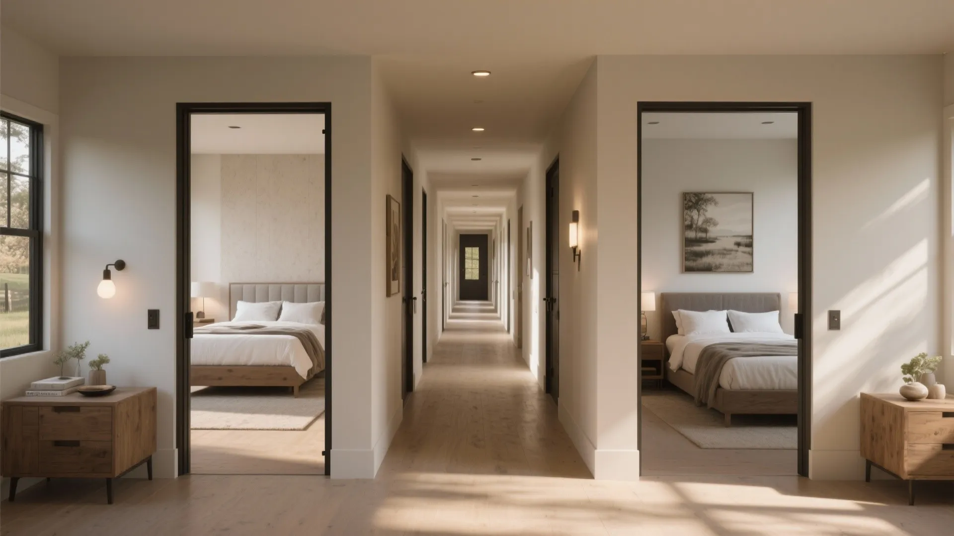 Hall view emphasizing split bedroom layout with master and secondary bedrooms at opposite ends.