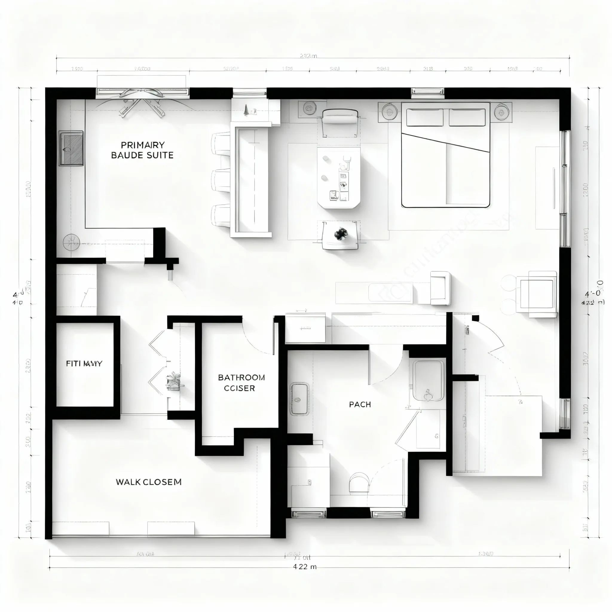 Modern interior floor plan drawing with master suite including walk in closet and private bathroom space
