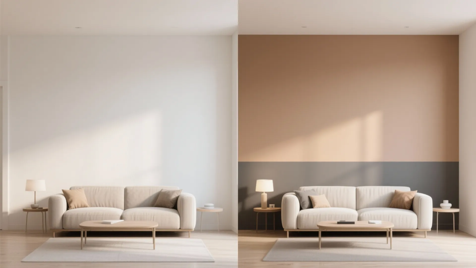 Before and after comparison of living room with white wall versus a beige two-tone wall