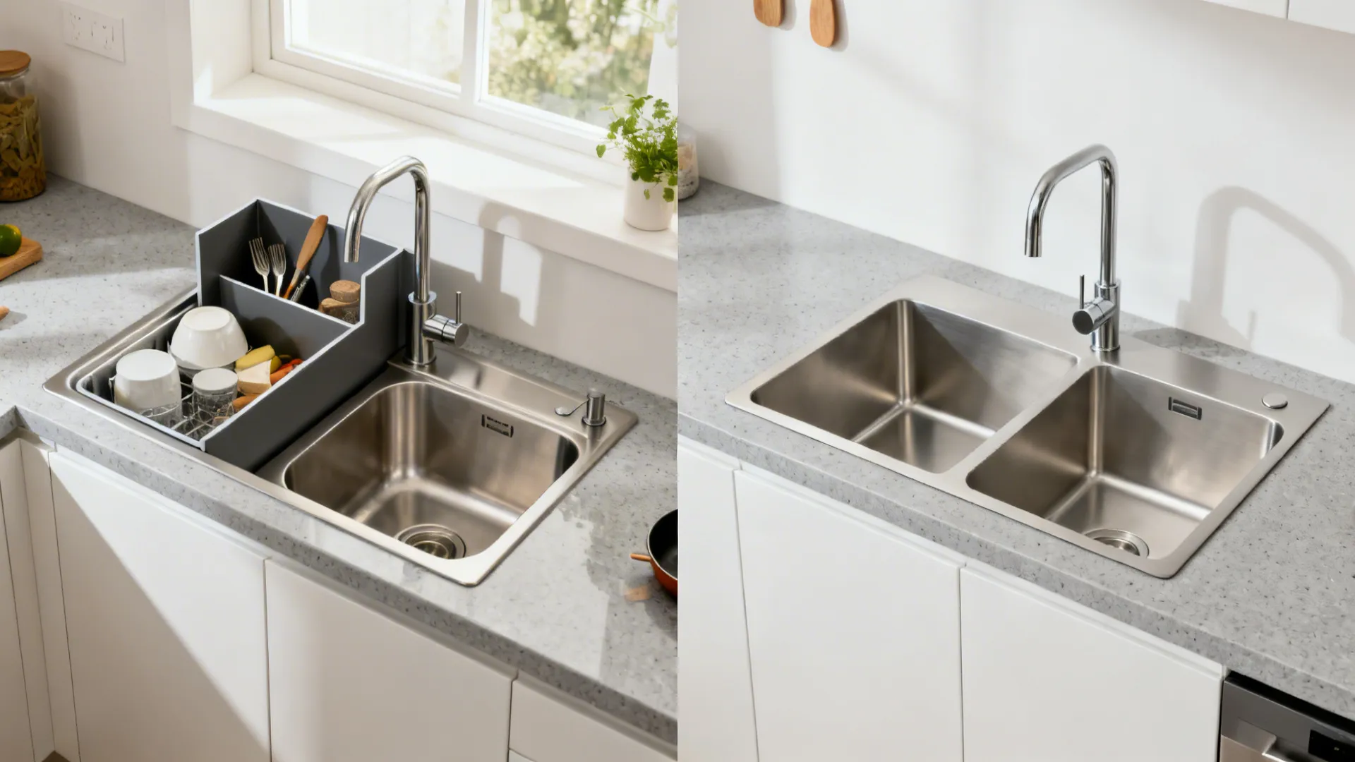 Before-and-after showing a cramped double-bowl replaced by a low-divide sink.