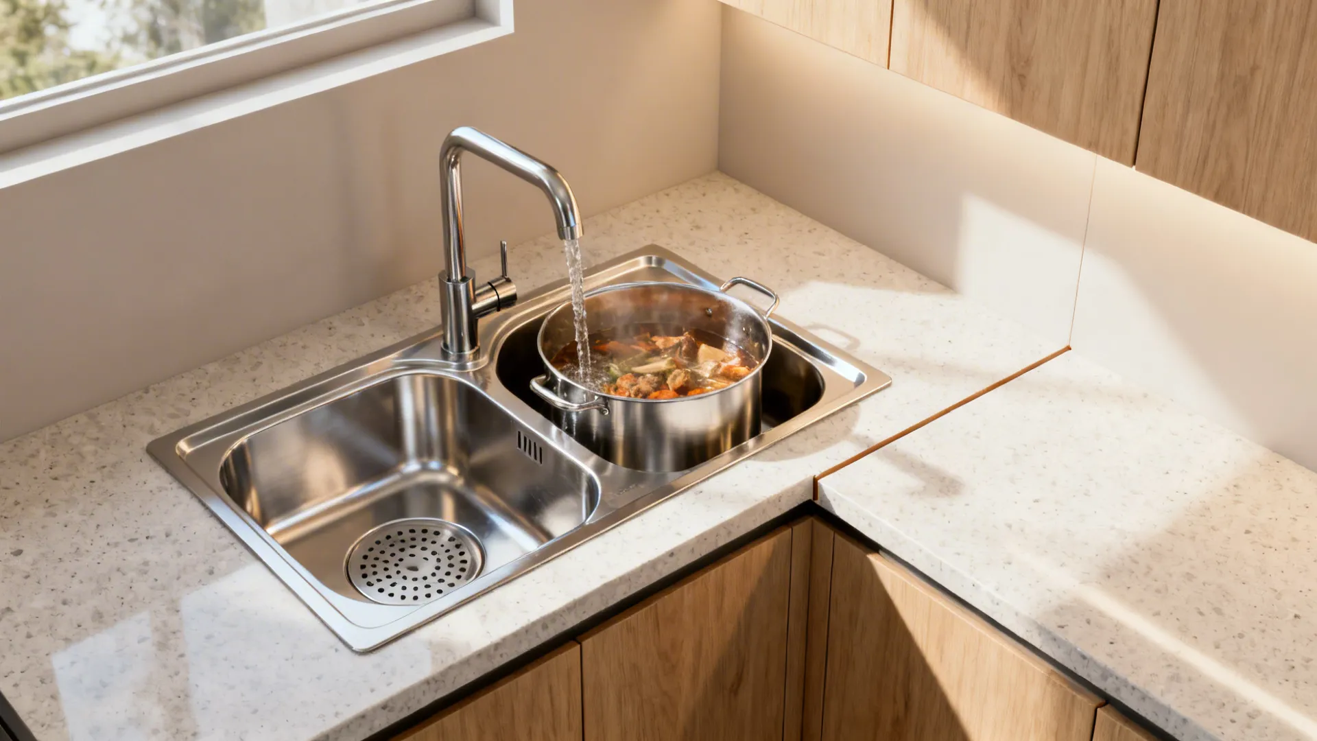 Double stainless steel kitchen sink with water filling a pot on a light stone corner countertop