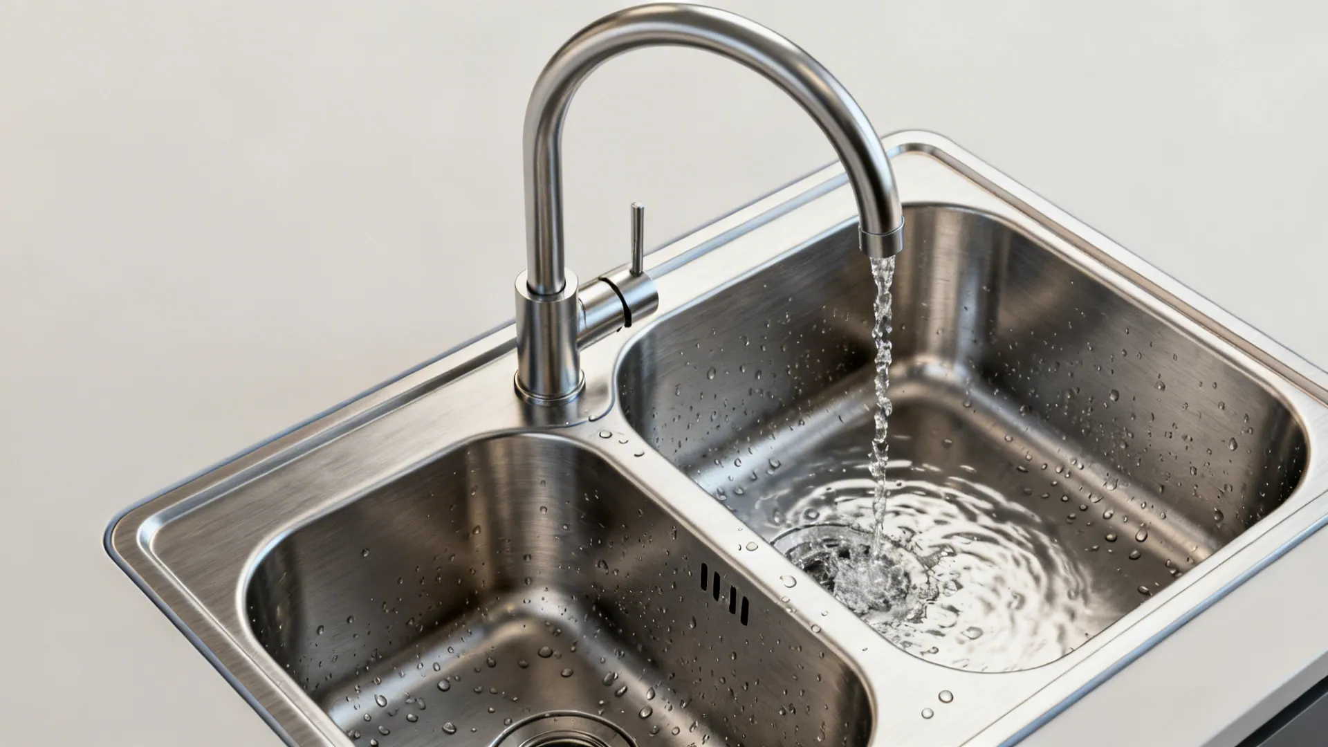 Close up of a stainless steel double bowl kitchen sink with running water from faucet