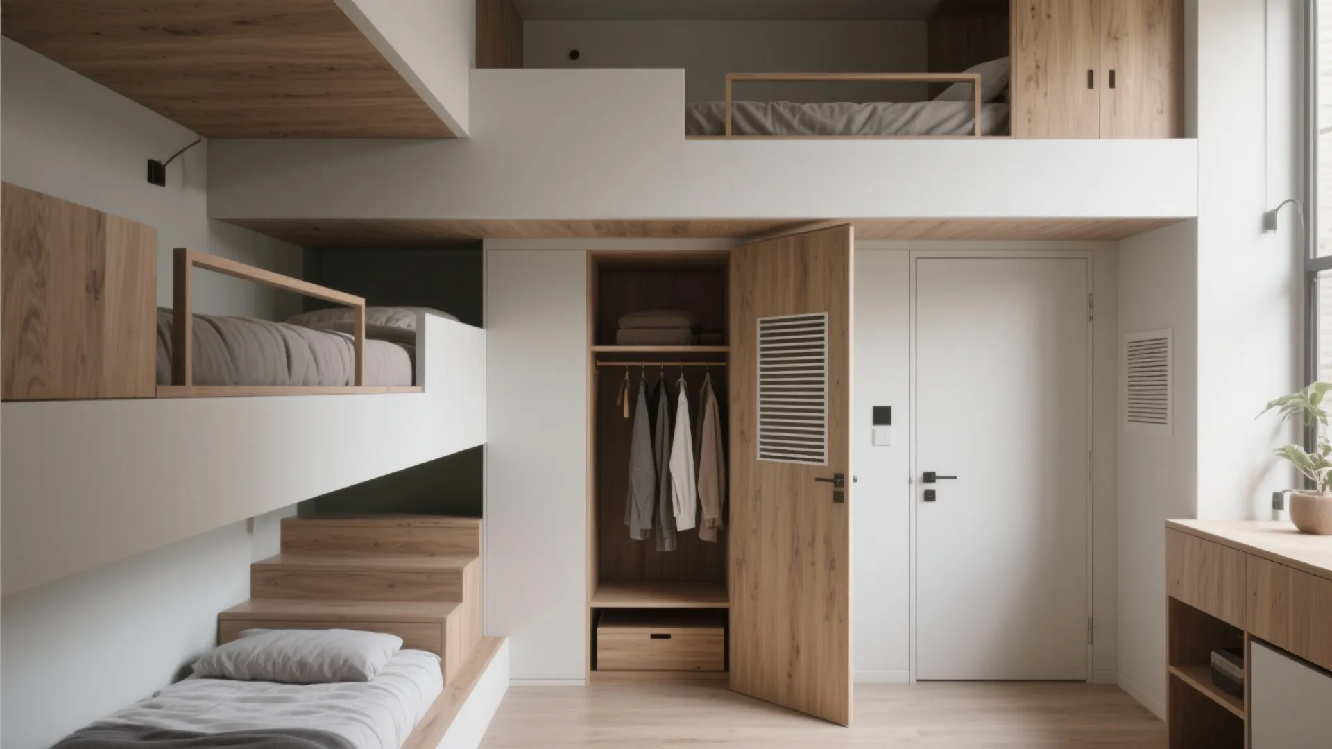 3. Split-Level Bunks with Closet Integration