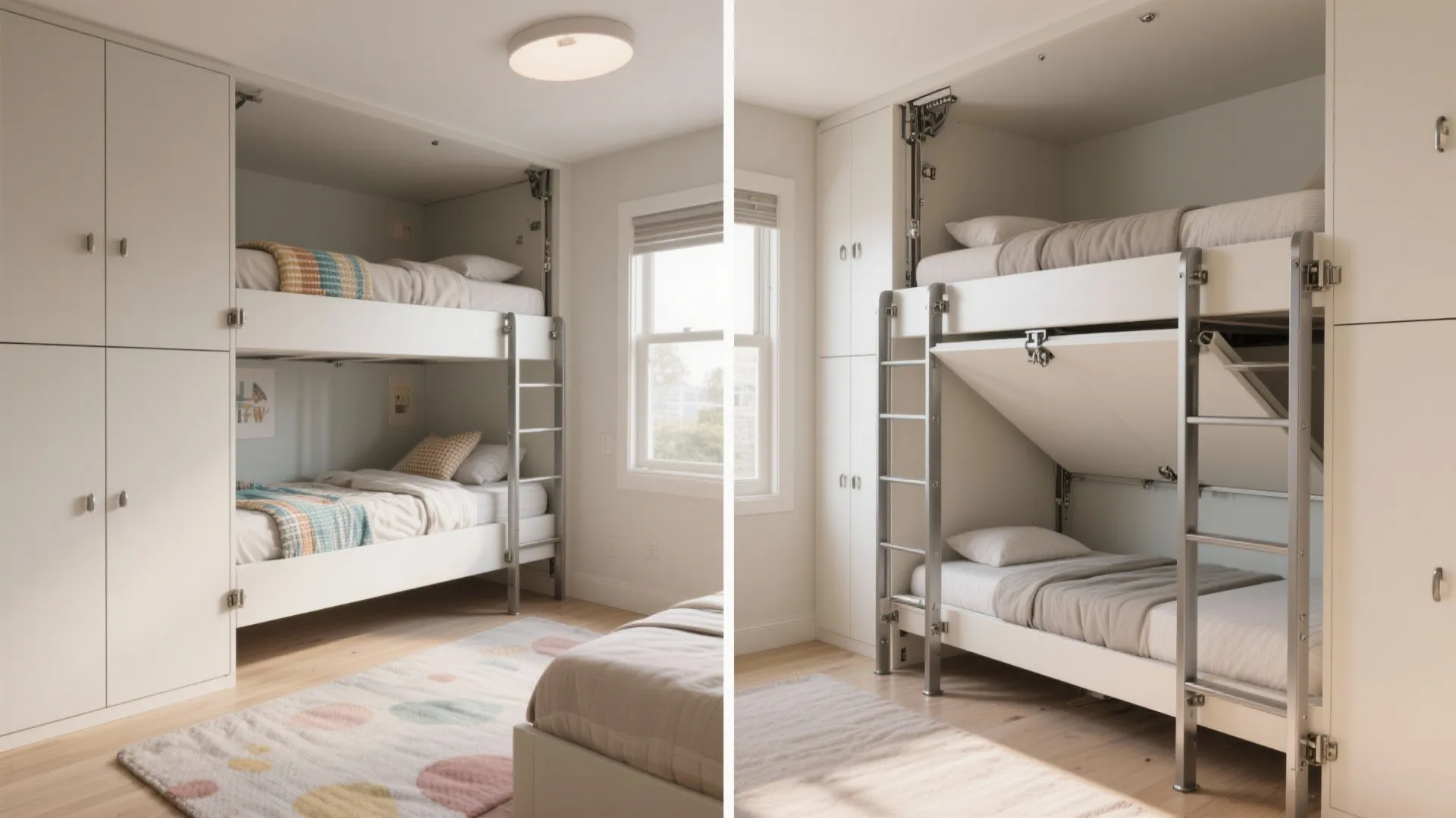 Side by side view of white bunk beds that fold up into a wall cabinet