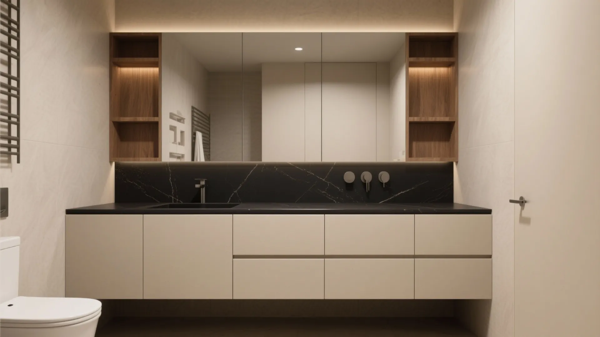 5. Split materials: beige cabinetry, black counters