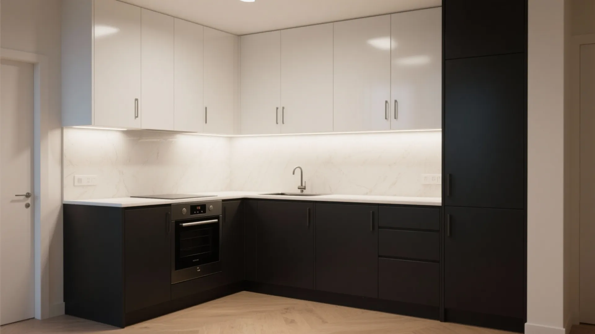 Modern L-shaped kitchen featuring white upper cabinets and dark grey lower cabinets with marble backsplash