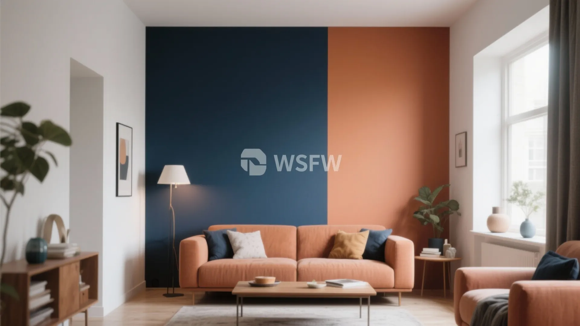 Living room with navy blue and orange split wall, light sofa, and wooden coffee table
