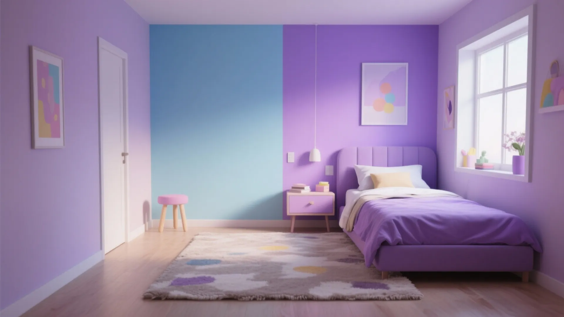 Purple bedroom featuring a wall split into blue and purple sections with a single bed
