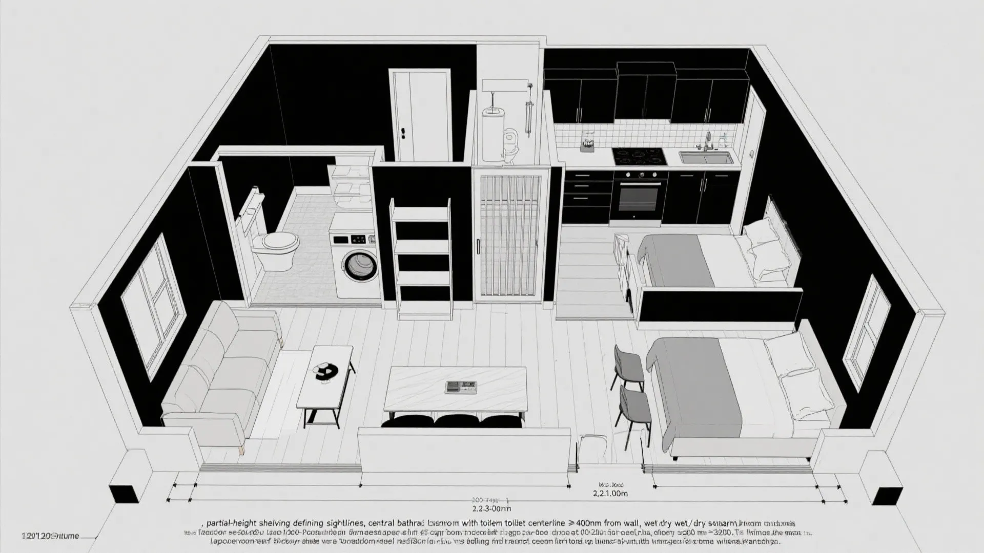 Top-down CAD plan with central service core and sliding flex room