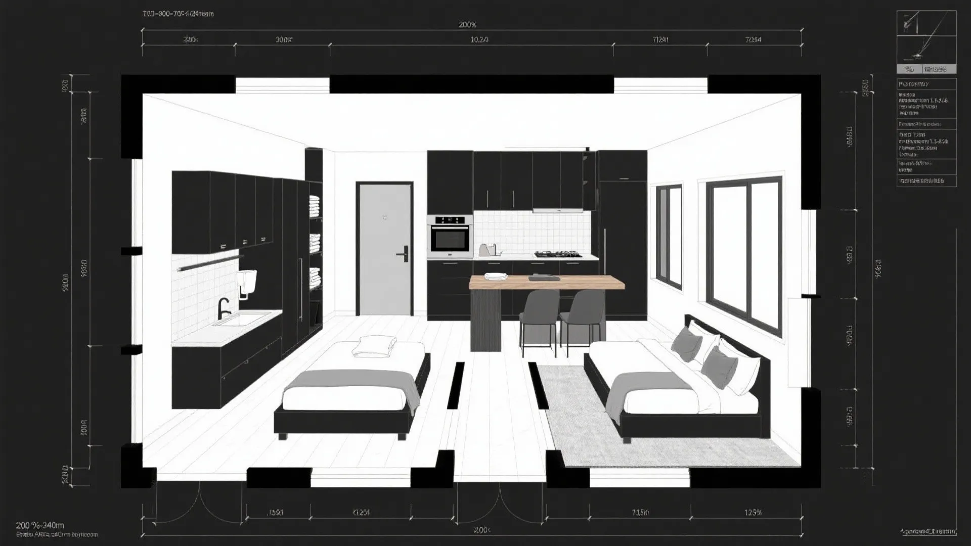 Interior design drawing showing a small studio layout with kitchen cabinets and two single beds