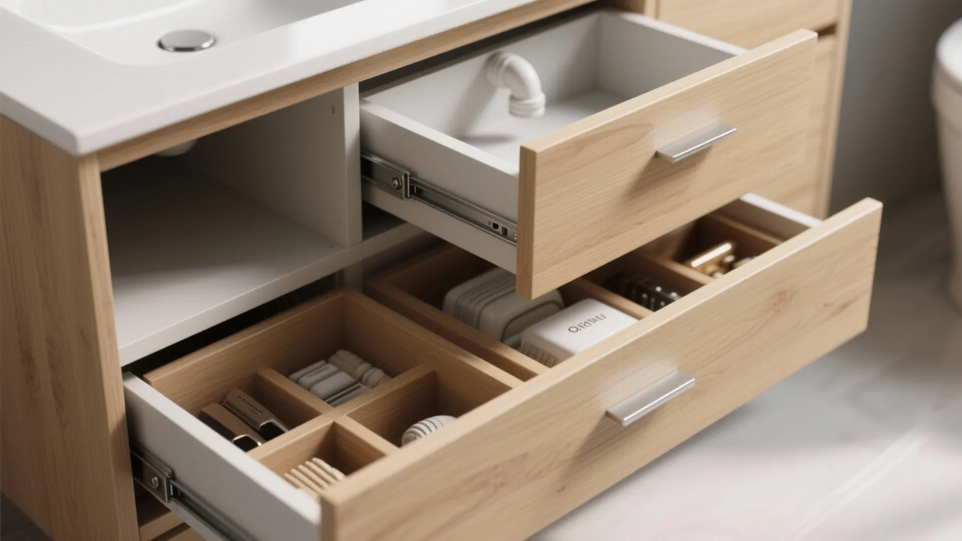 Wooden bathroom cabinet with open drawers showing internal organizers and white sink with metal faucet