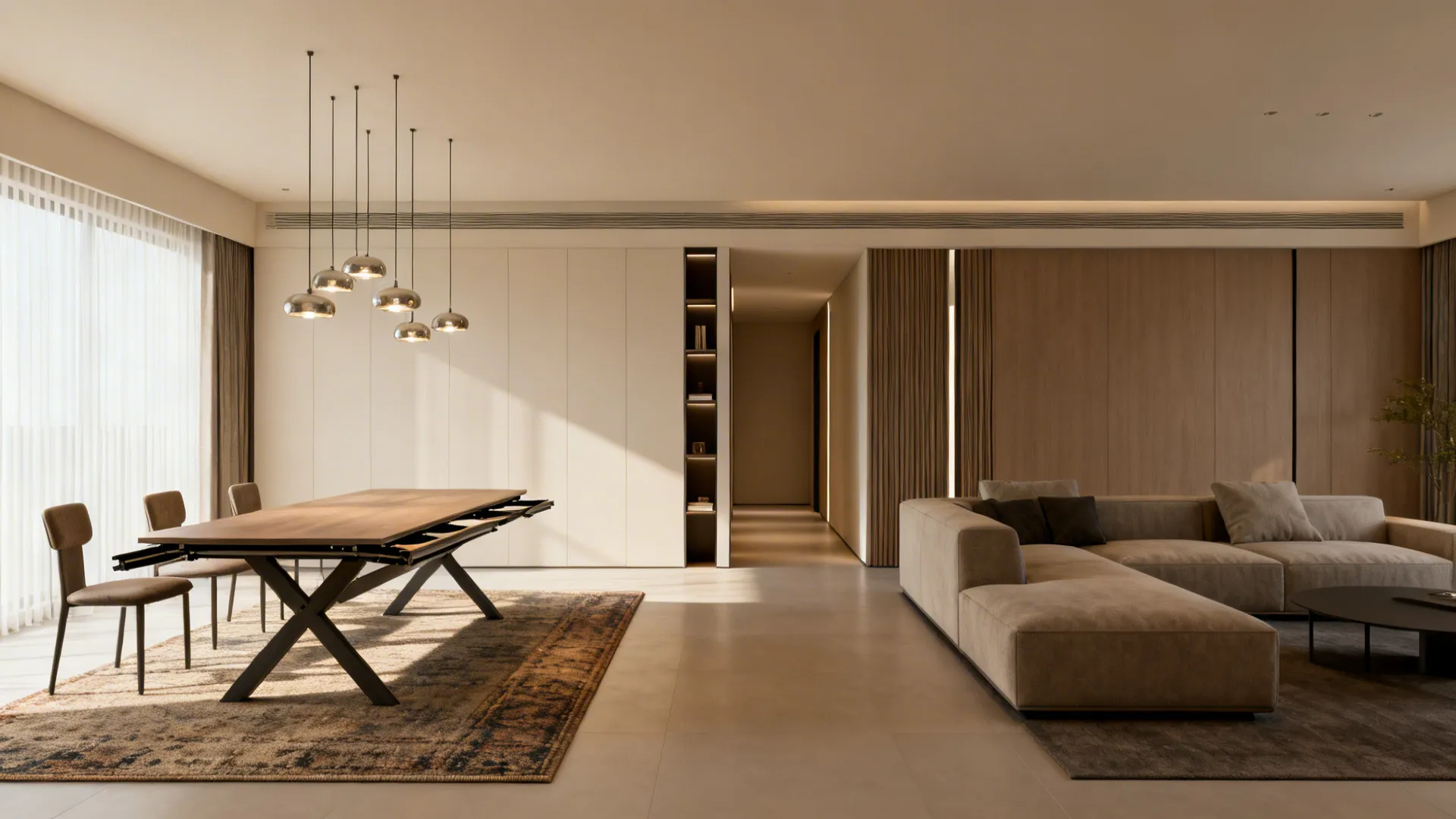 Modern open living room with wooden dining table beige sofa ceiling lights and wall panel