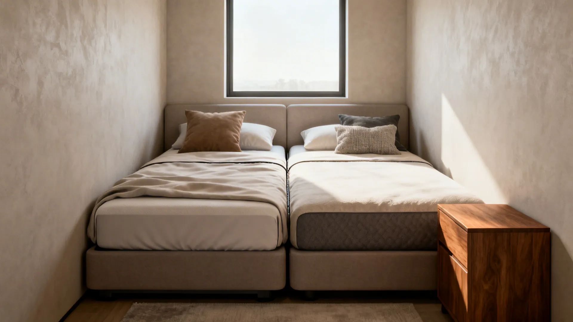 Double bed made from two twin bases pushed together with a wide comforter covering the seam