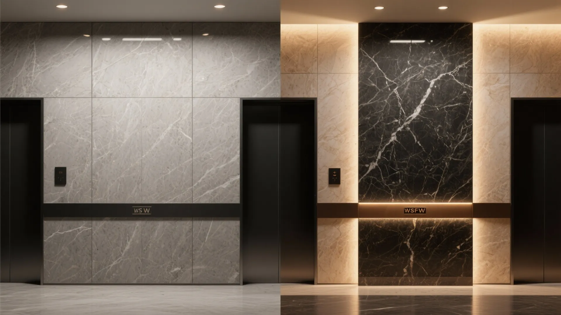 Comparison of elevator hall walls using grey marble versus black marble with warm backlighting effects