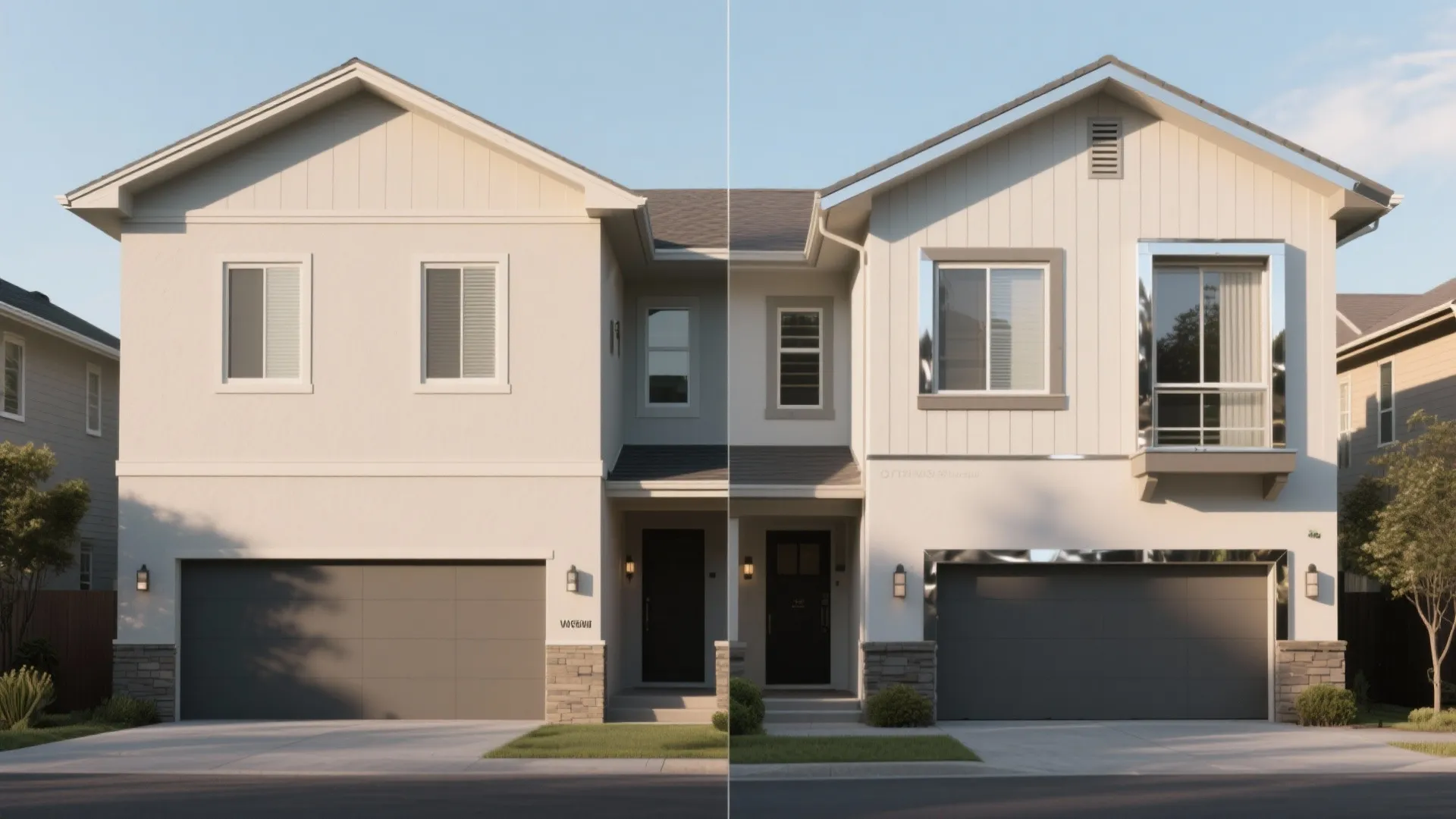 Side by side comparison of a house exterior showing different wall textures and window designs
