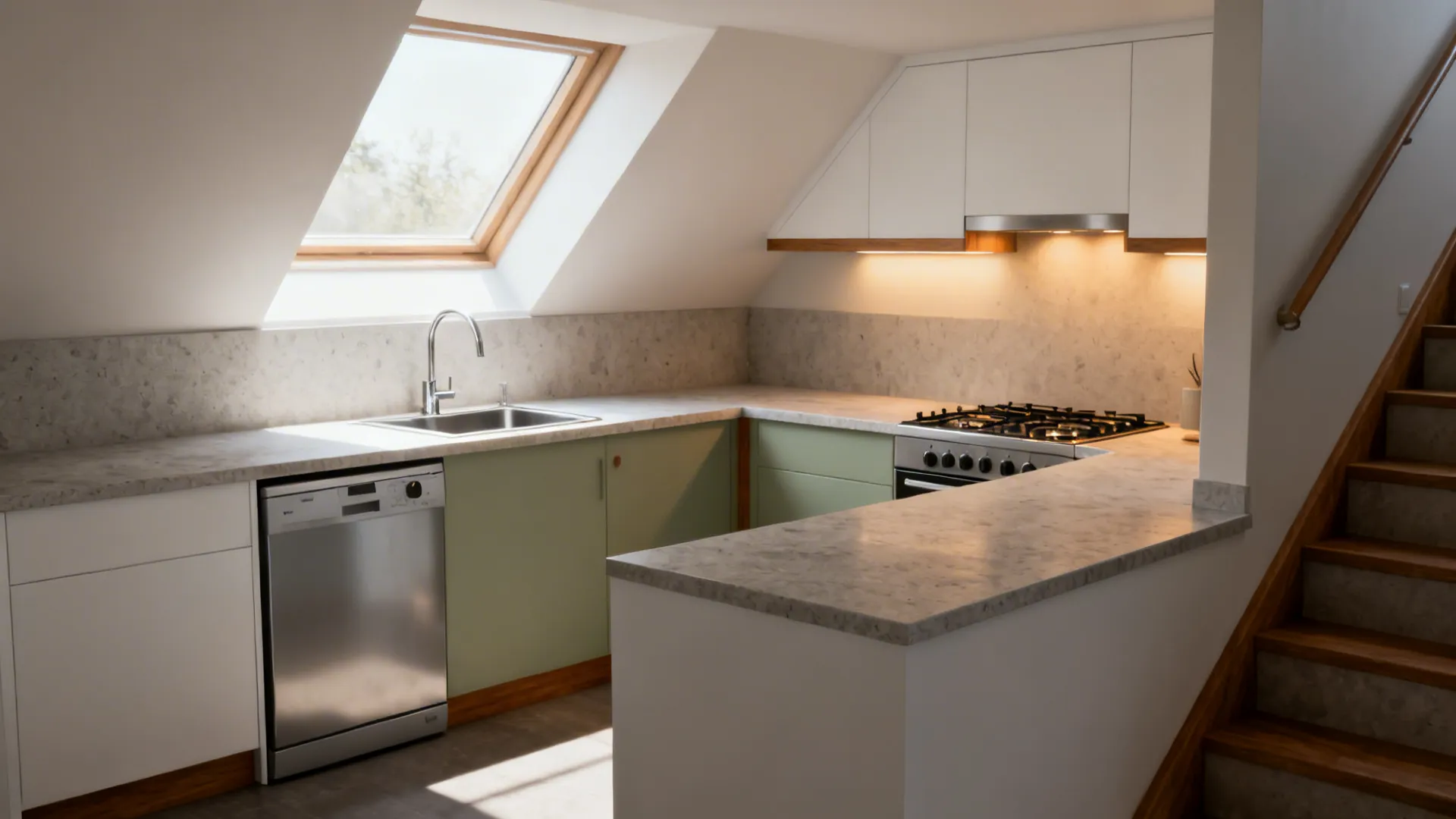 Under-stair kitchen splitting zones: cooktop on south/west, sink on a bright north-east run.