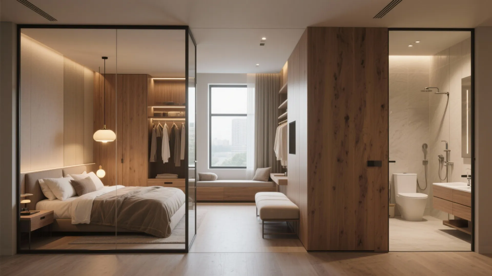 1. Split-Function Suite (bedroom + dressing + bath flow)