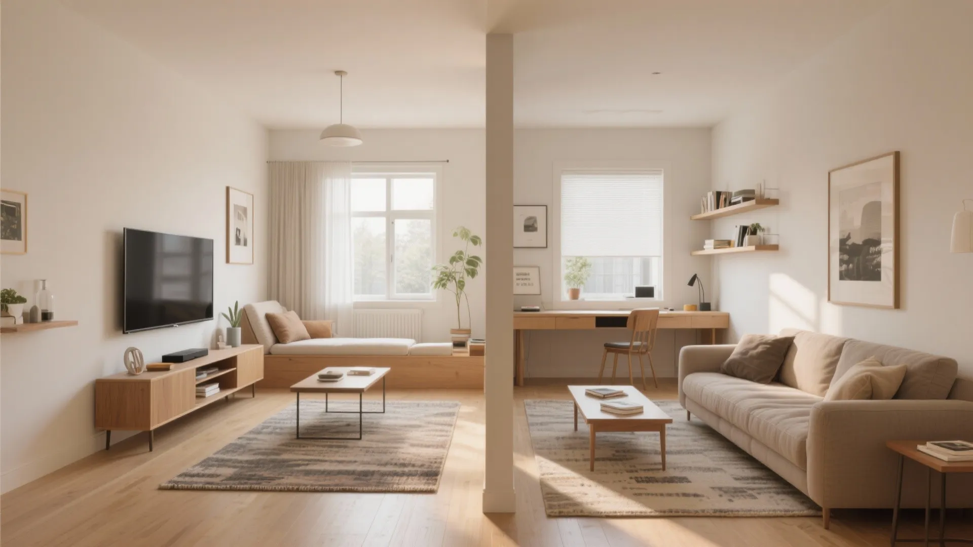 Living room divided into TV area and reading nook with clever zoning