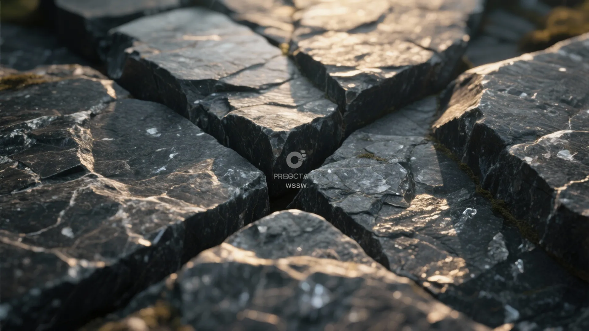 Close up view of dark grey natural stone tiles showing rough textures and golden sunlight reflection