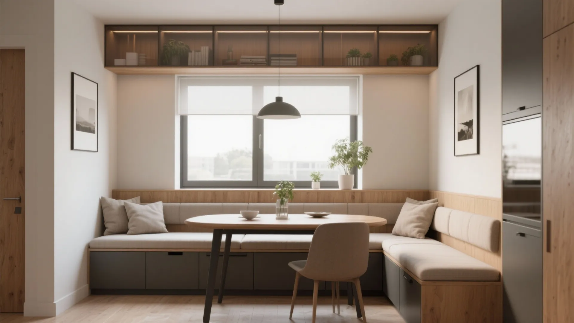 Split-height window wall with built-in bench storage