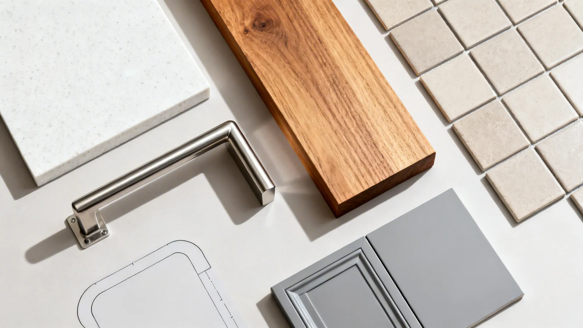 Top-down material flat lay with quartz, oak, brackets, and cabinet finishes for a split-height counter.