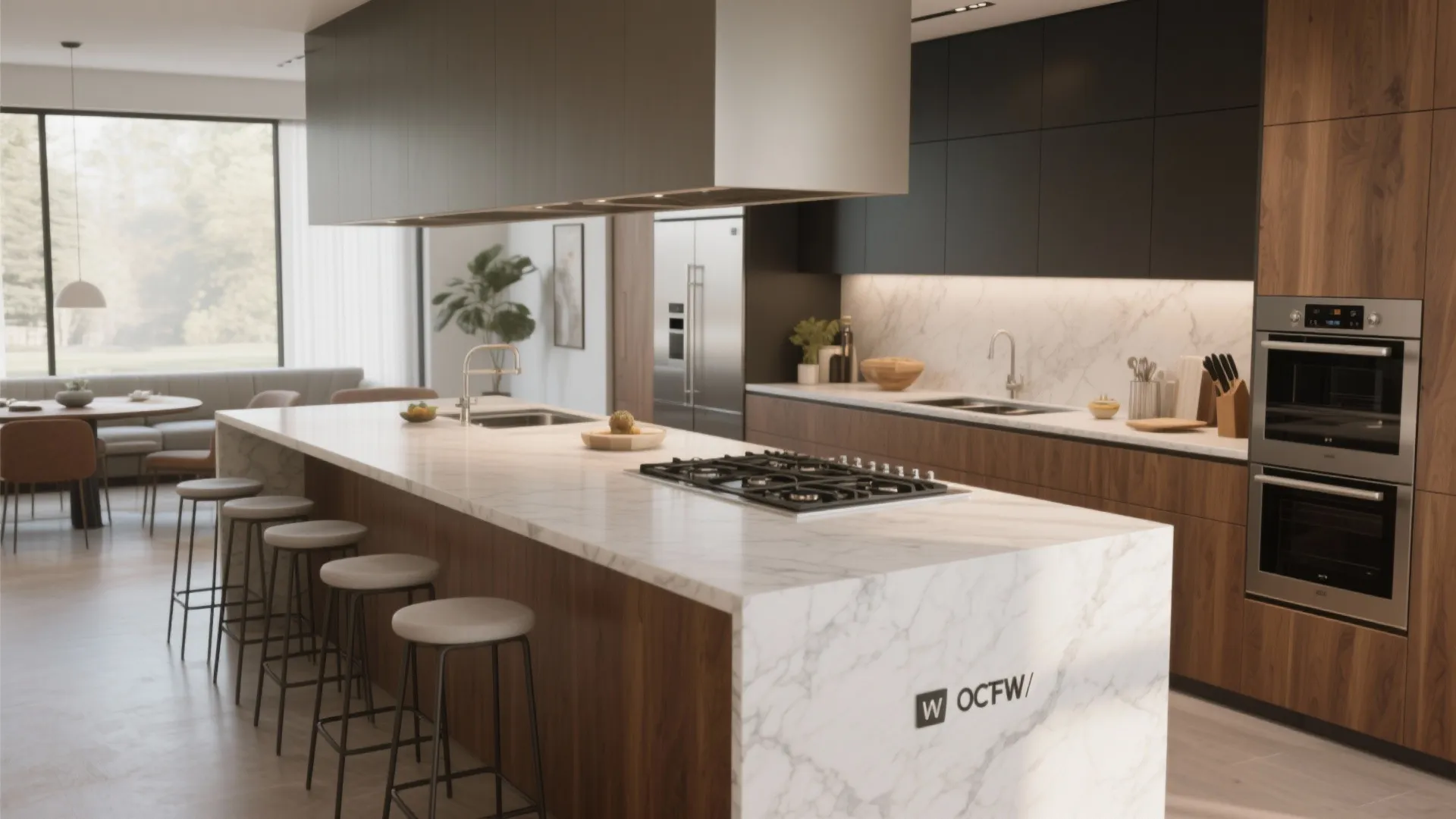 3. Split island: cooktop on one side, prep/seating on the other