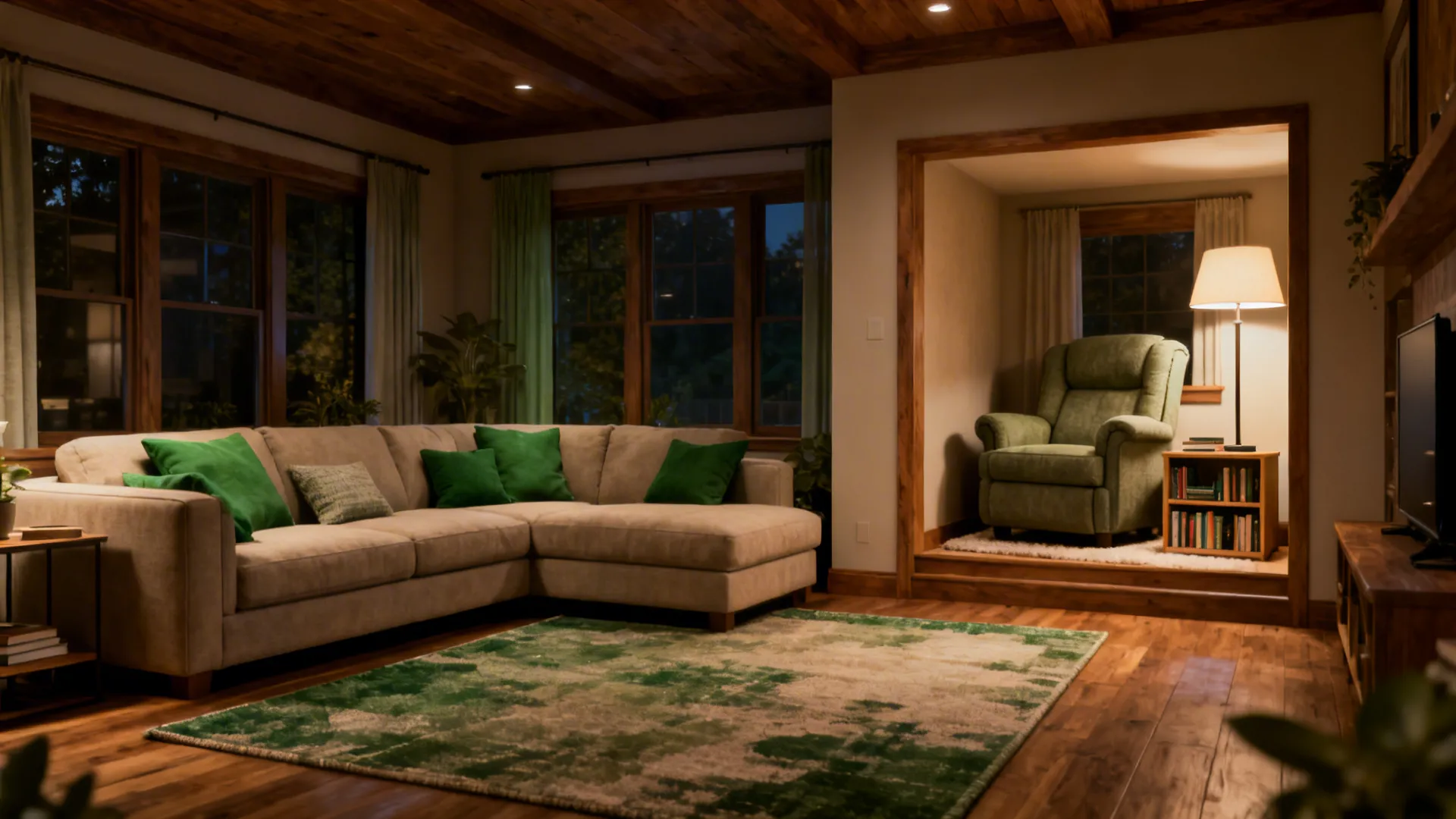 Living room with a sectional defining a family area and a recliner tucked into a cozy nook with lamp and shelves.