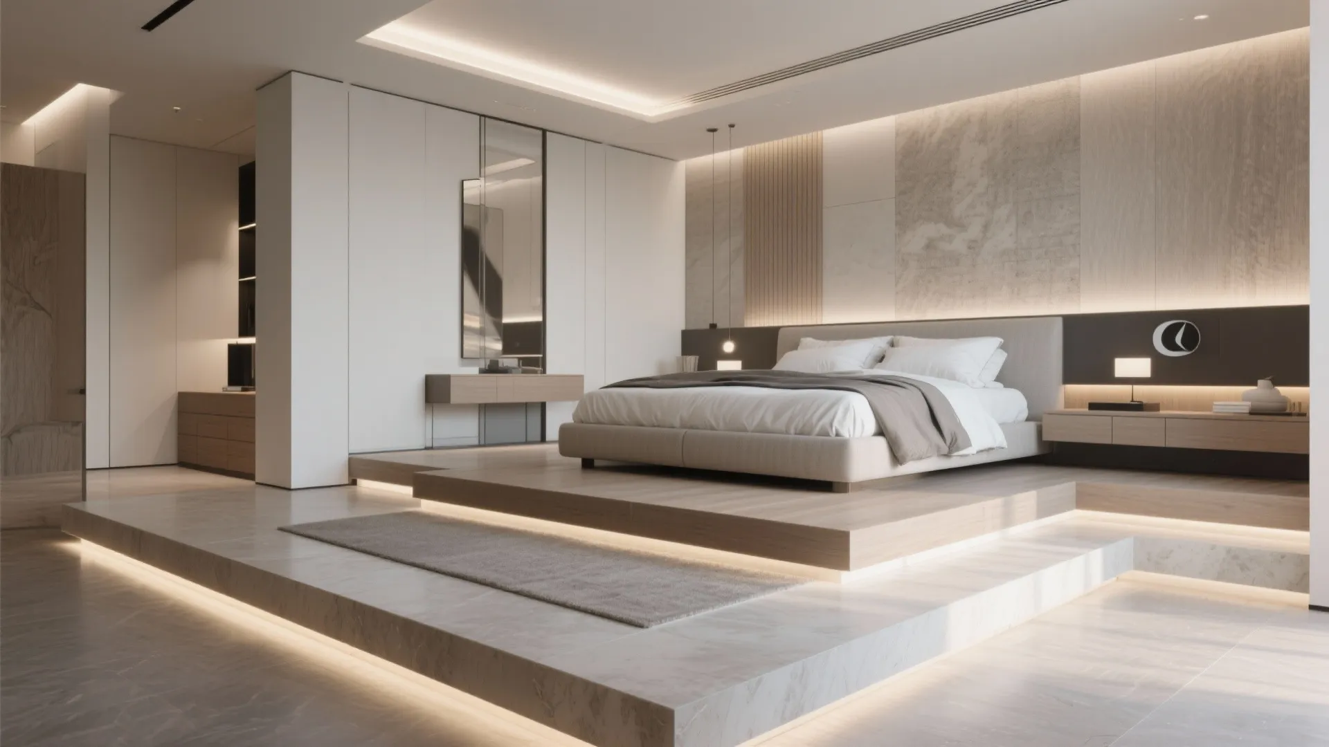 Minimalist bedroom with platform bed raised floor wooden wall panels warm lighting and large white closet