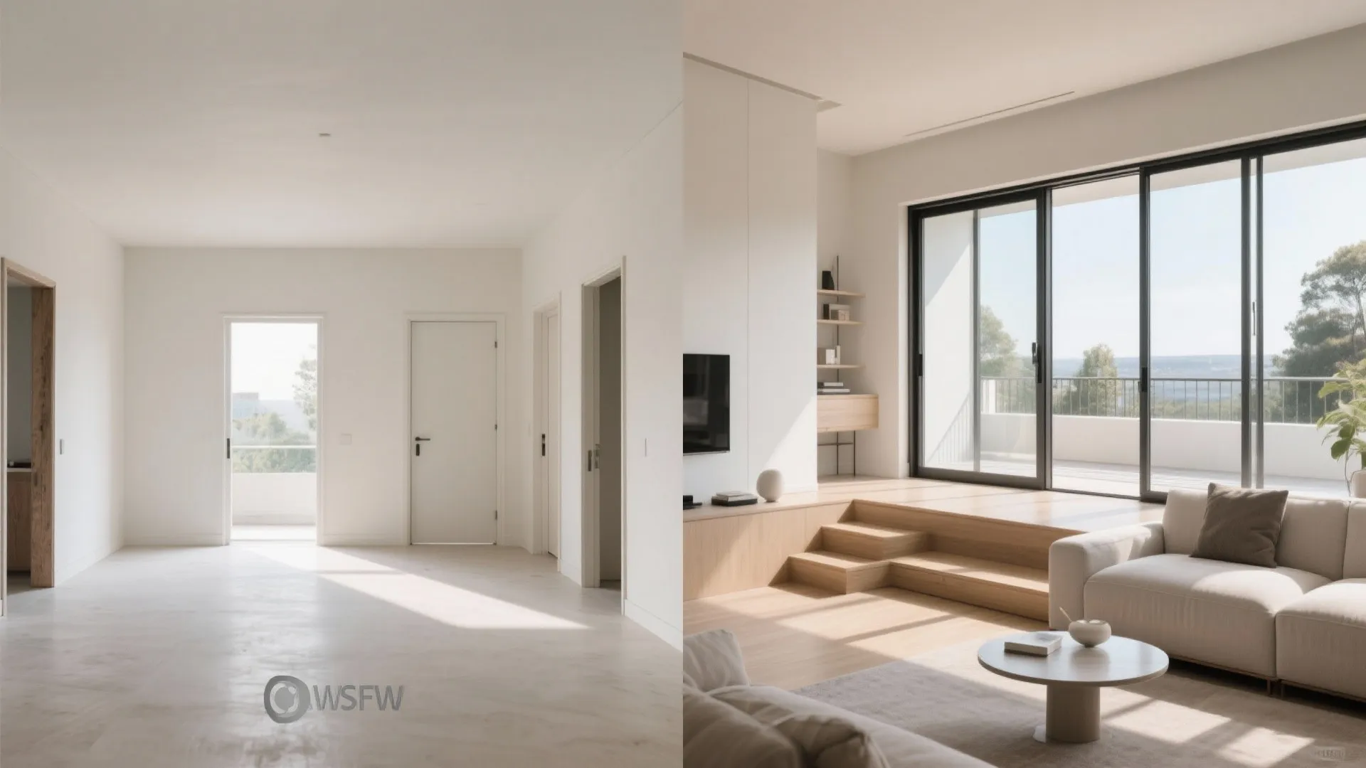 Before-and-after view showing improved depth and daylight with a split-level and larger balcony sliders.