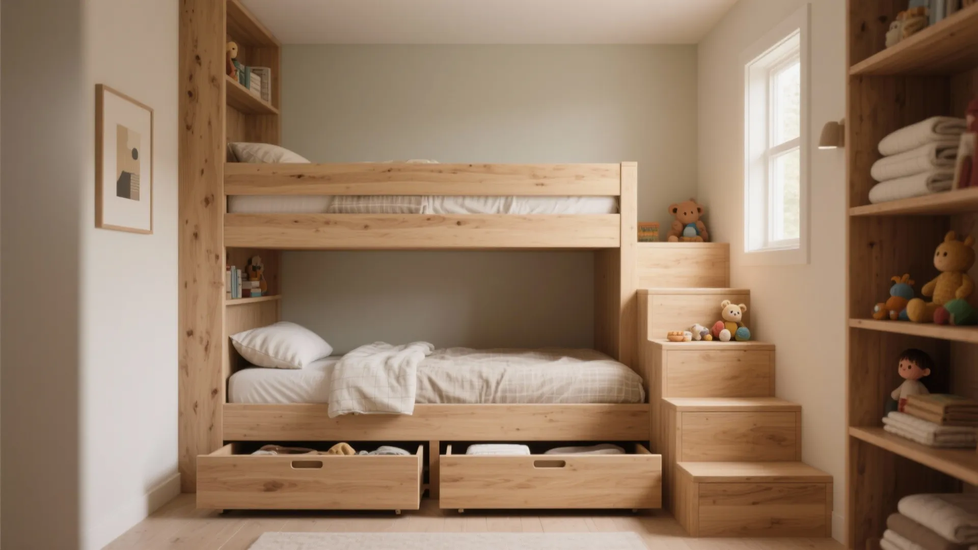 Split-level bunk bed with built-in under-bed drawers and shelving in stair risers, light wood and neutral palette.