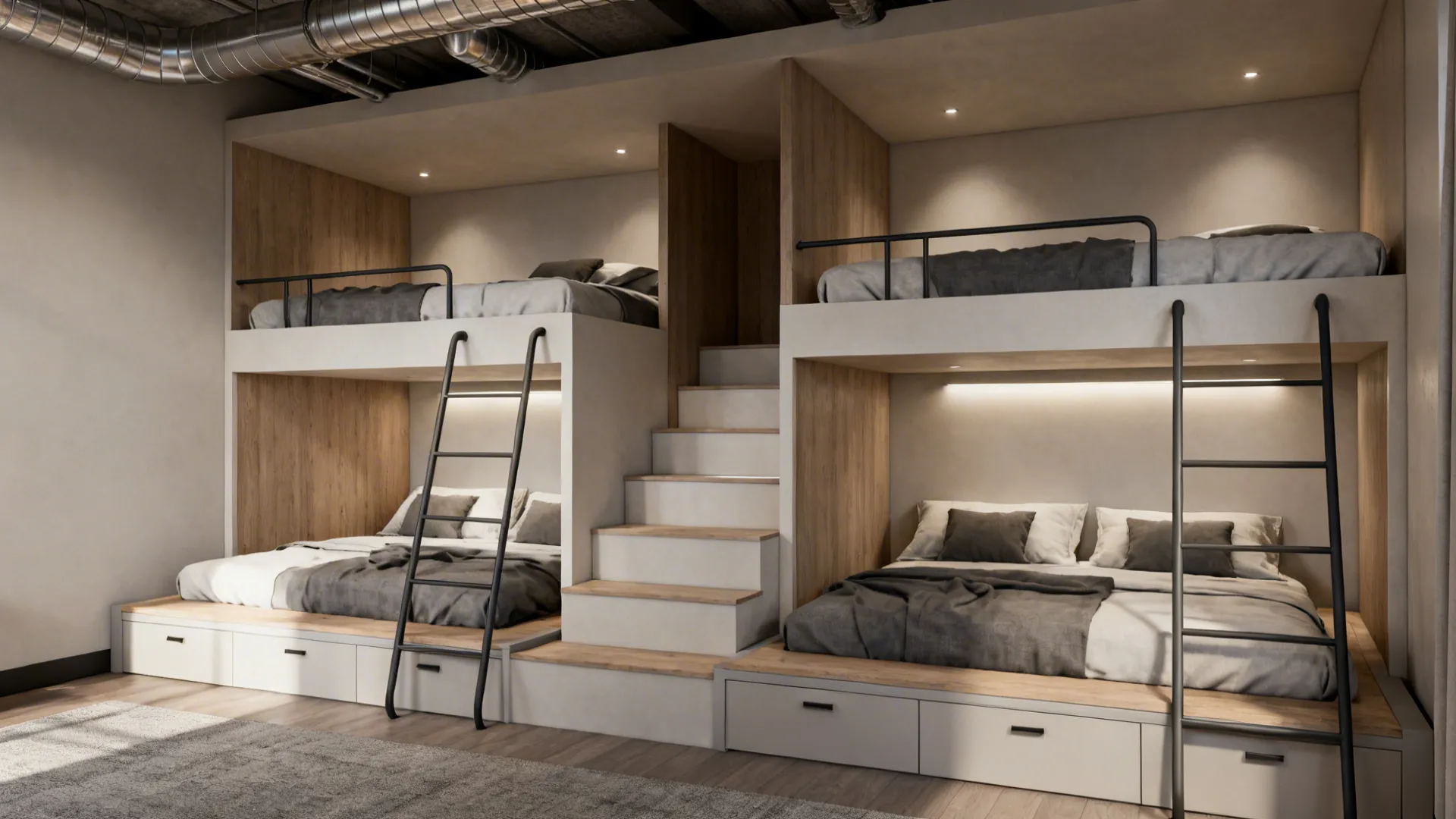 Split-level bunk beds with staggered heights and compact stairs in a low-ceiling room