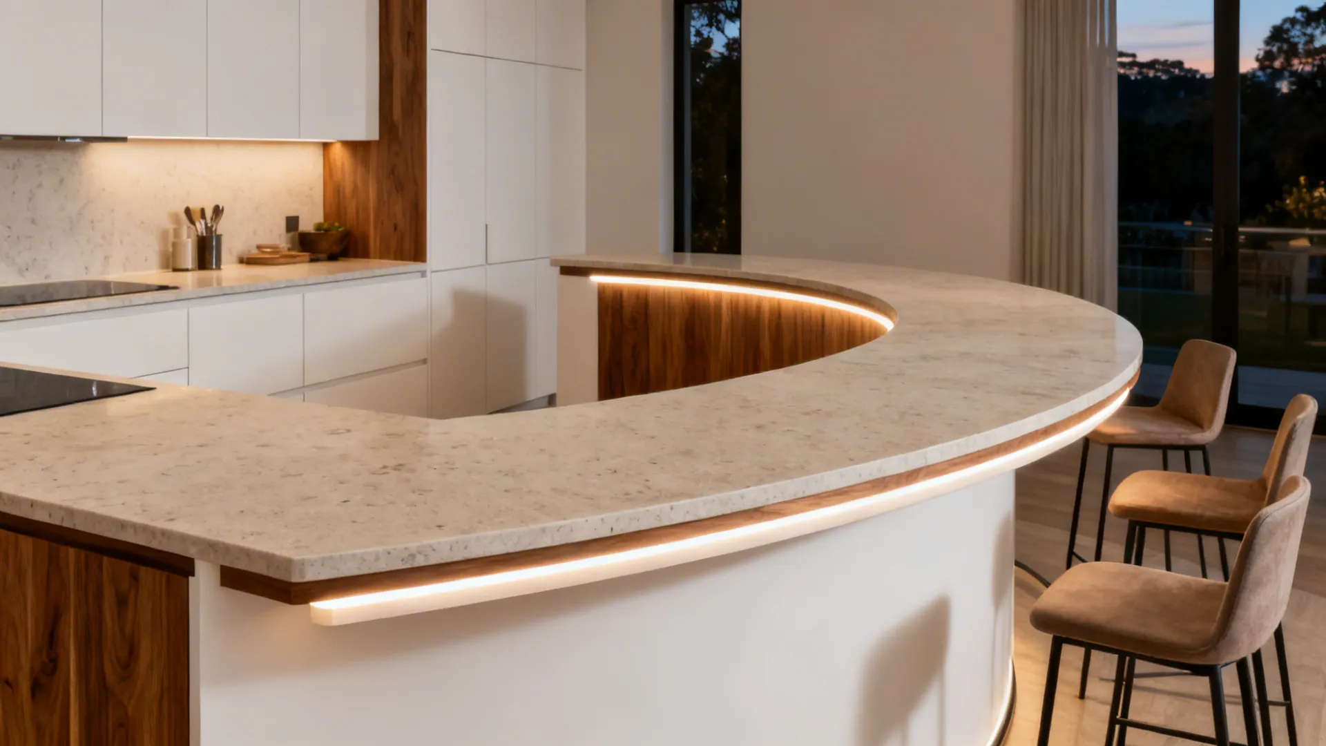 Modern curved kitchen bar with marble countertop light strip wooden cabinets and three brown stools