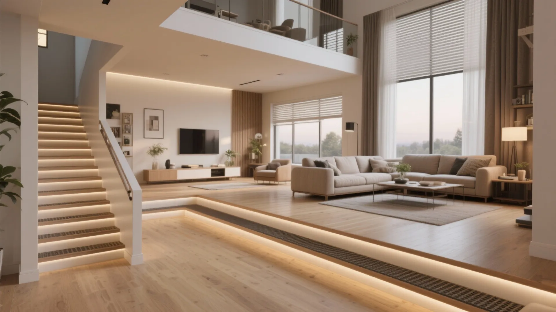 Spacious split level living room with sofa stairs television large windows and warm built in lighting