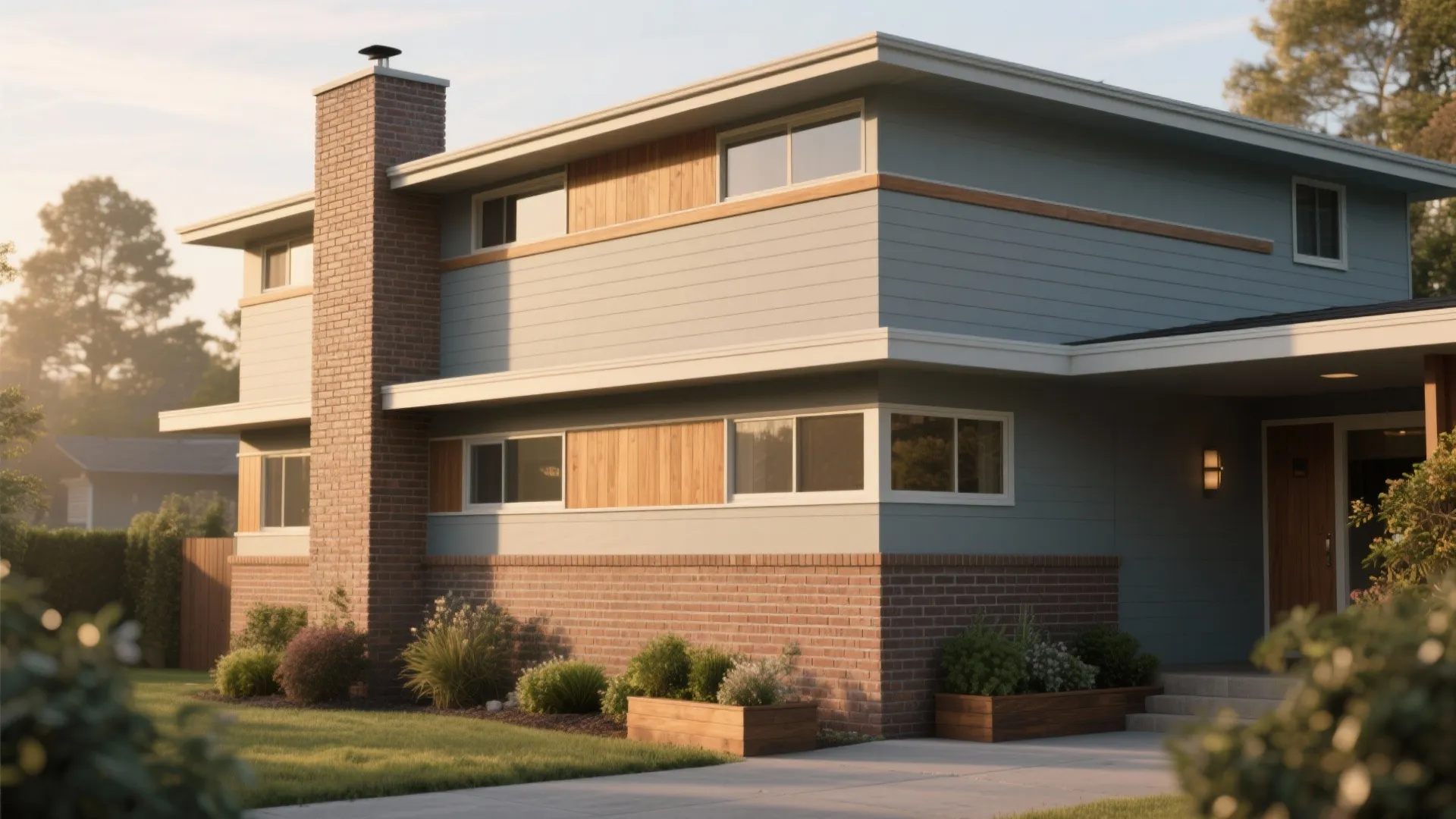 Modern blue house with a brick chimney large windows wooden wall panels and green garden