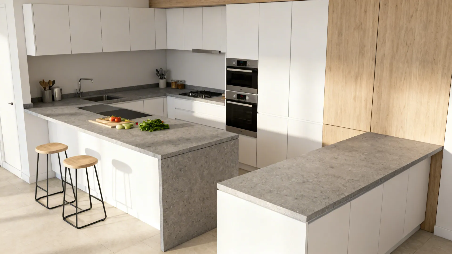 Compact kitchen island with a 36-inch prep zone and a 42-inch raised breakfast ledge.