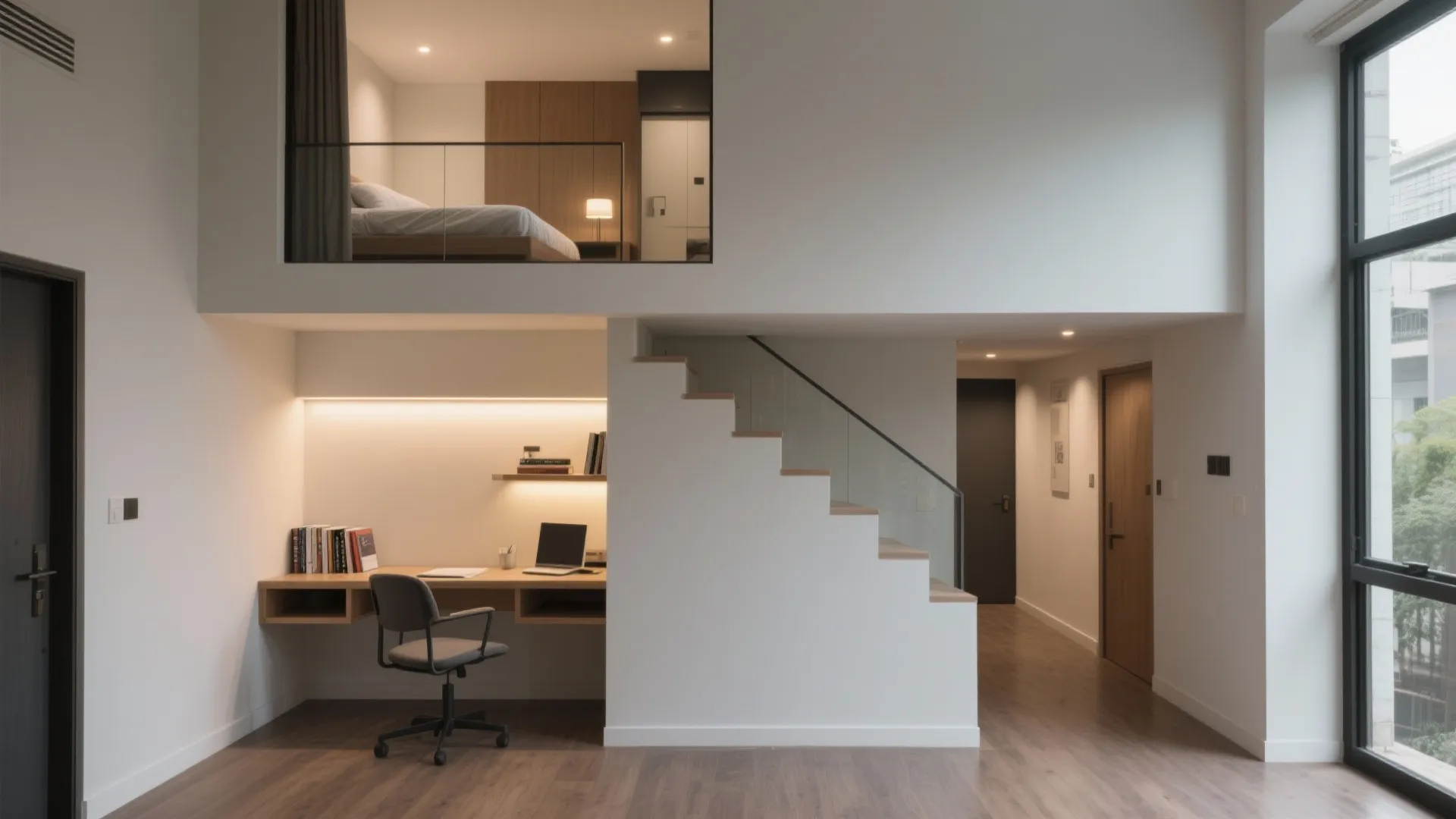 Modern apartment with home office desk under stairs and a glass walled bedroom on top