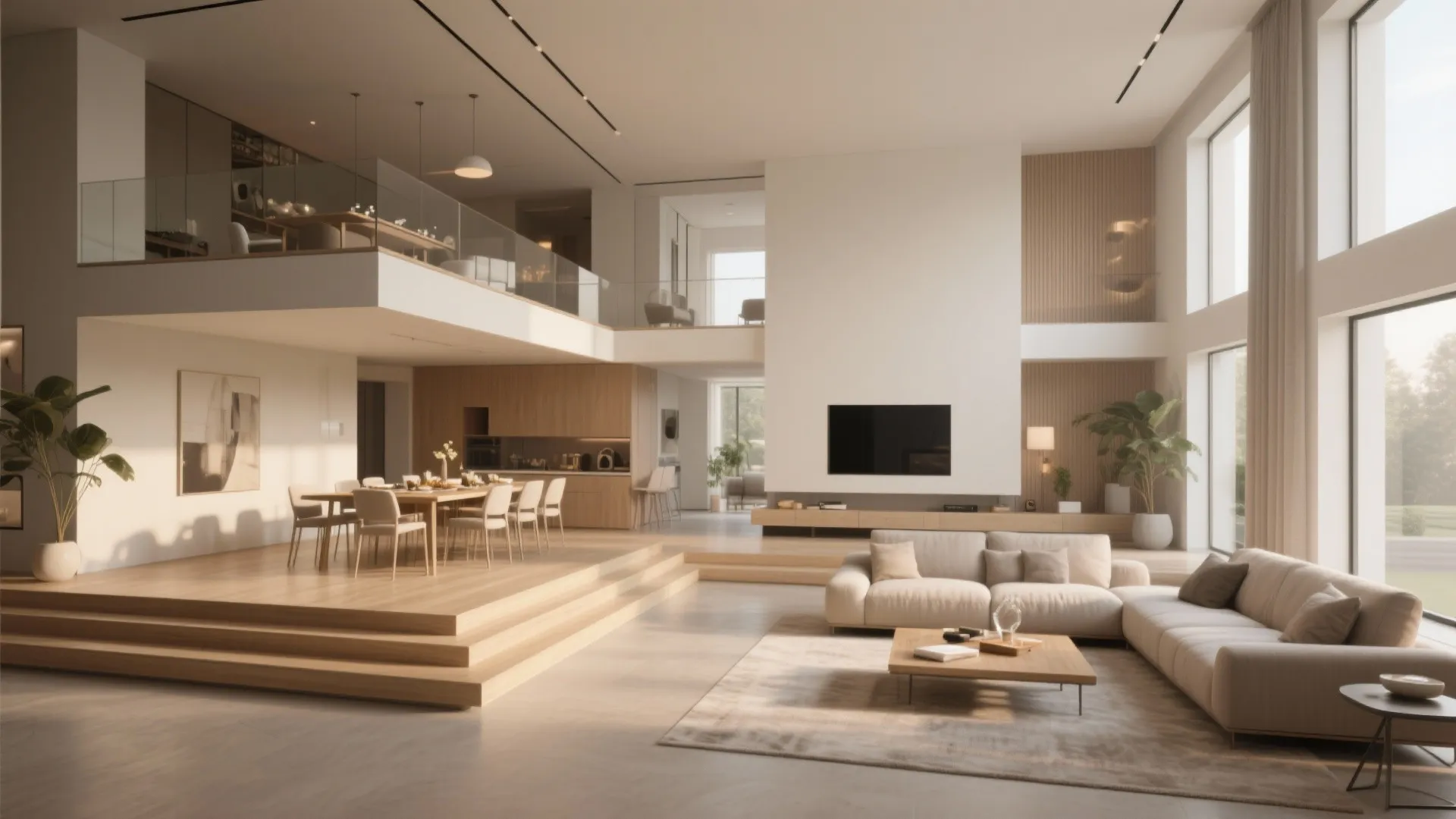 Luxury split level interior design with dining area sofa television wall panel and glass balcony railing