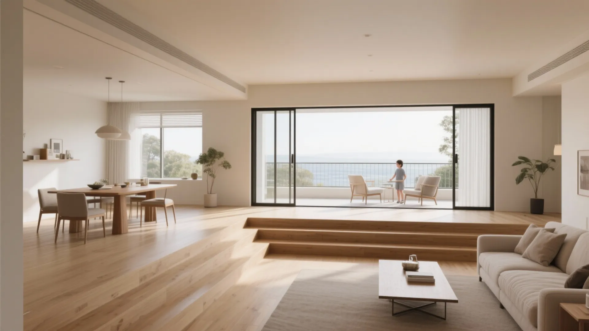 Open-plan living with a half-step split level and aligned sliders to a balcony for cross-ventilation.