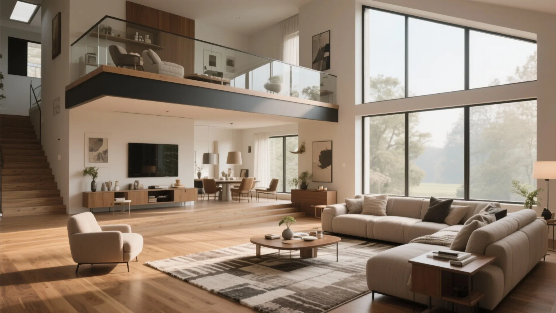 Open plan living room with wooden stairs mezzanine floor large windows and comfortable beige sofa