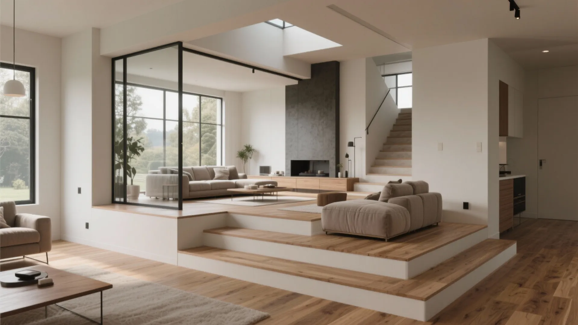 Modern split level living room with wooden steps beige sofas fireplace and stairs to level