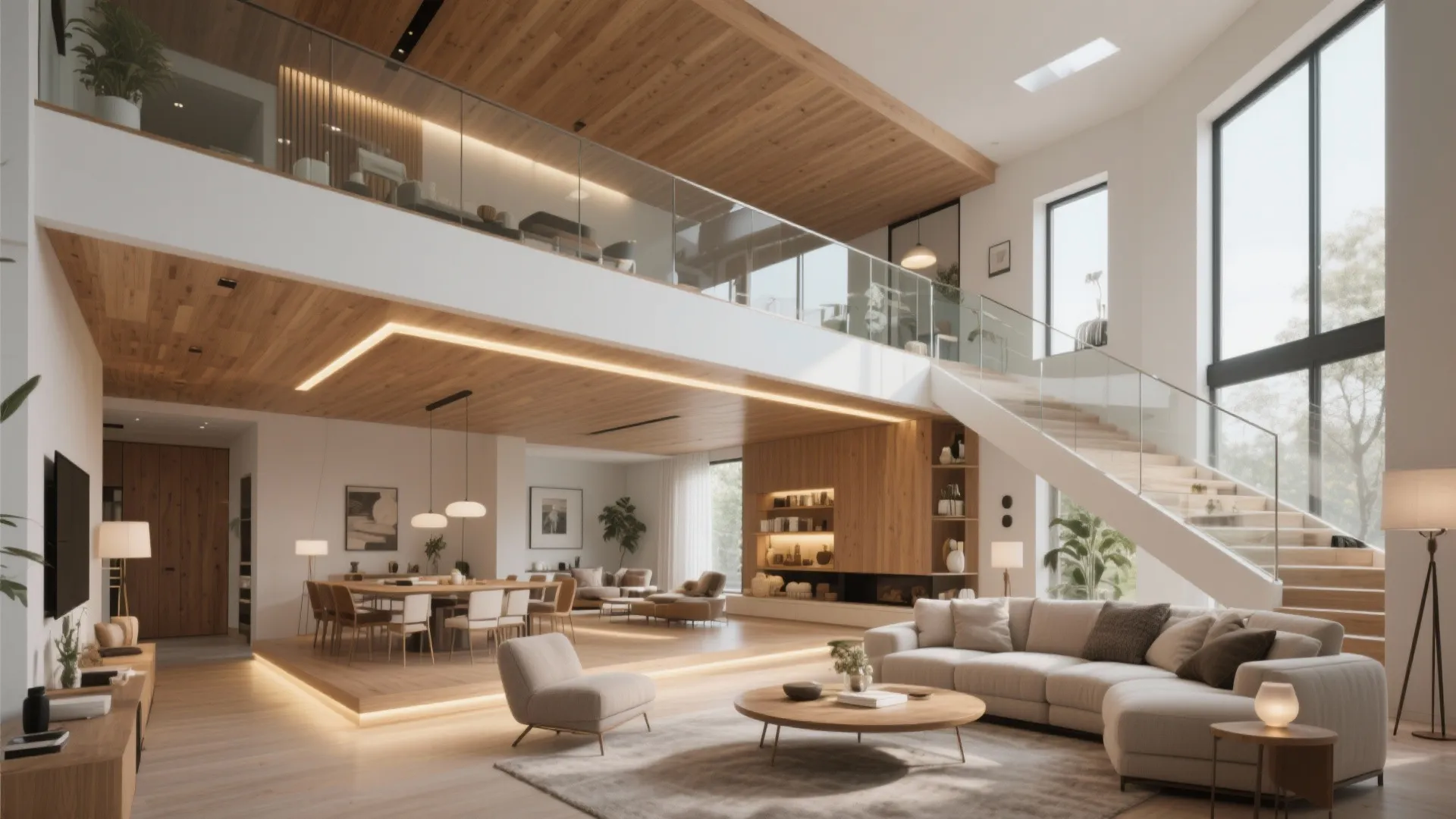 Modern double height living room with white sofa wooden ceiling glass stairs and dining area view
