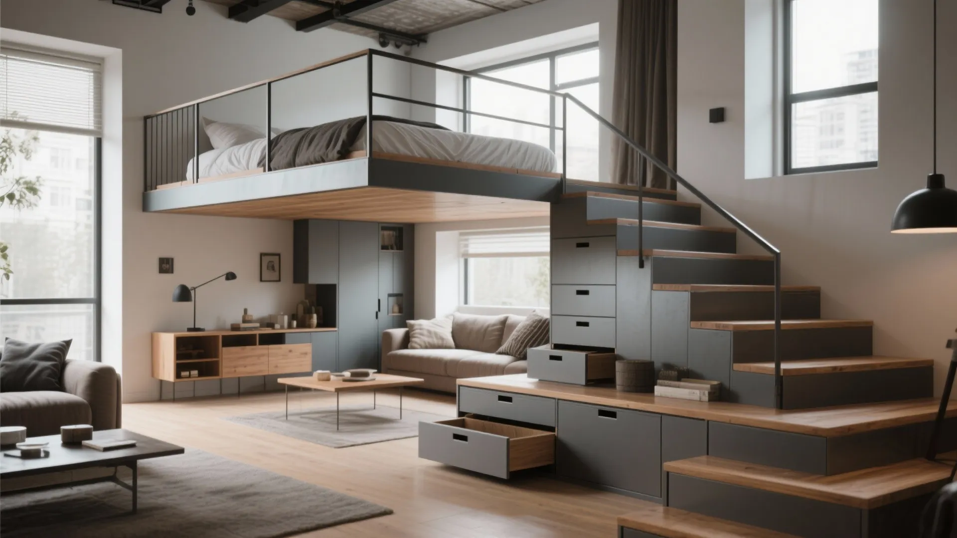 Small loft apartment featuring a bed above a sofa with stairs containing built-in storage drawers